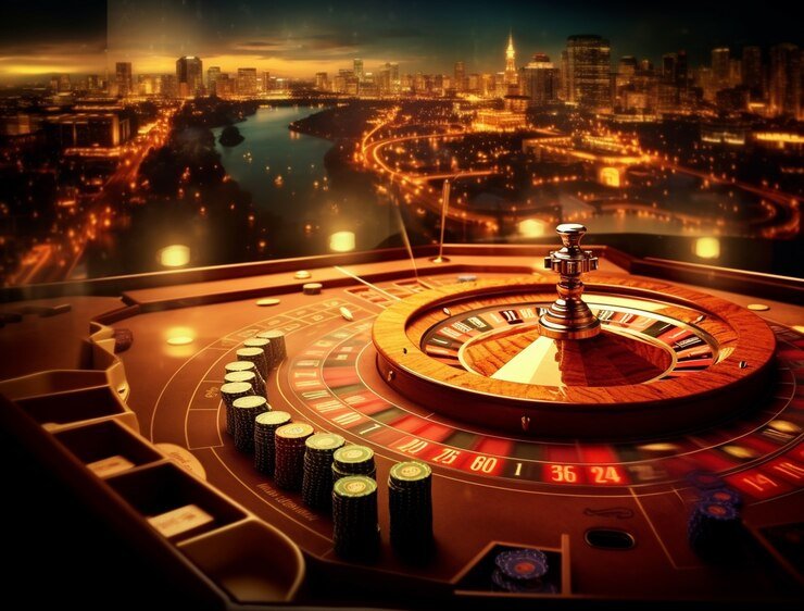 Permainan Dragon Tiger Spadegaming dengan dealer dan chip pada layar